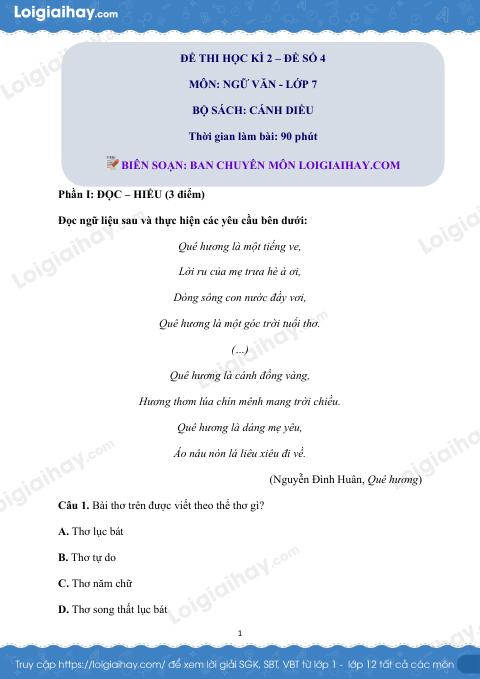 Đề thi học kì 2 Văn 7 Cánh diều - Đề số 4